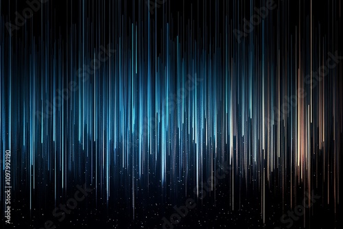 Abstract blue and black vertical lines create a digital, futuristic atmosphere.