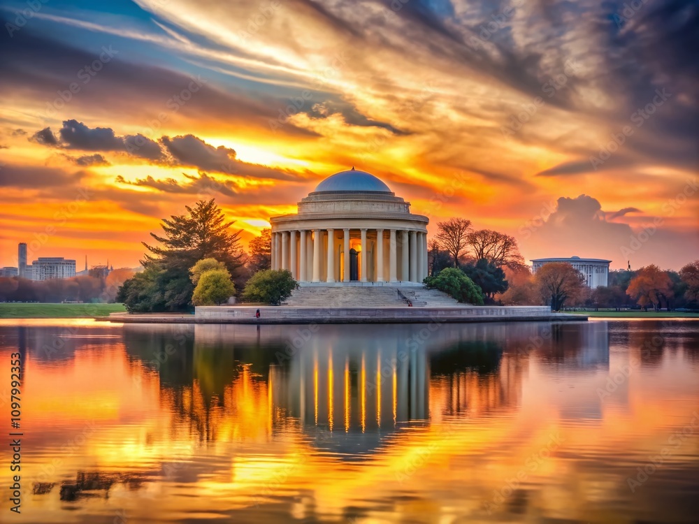 Obraz premium Surreal Shadows and Sunset Over Jefferson Memorial with Washington Monument in Background - A Dreamlike Capture of Iconic Landmarks at Dusk