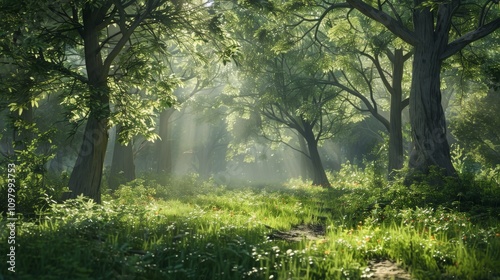 A forest with trees and grass