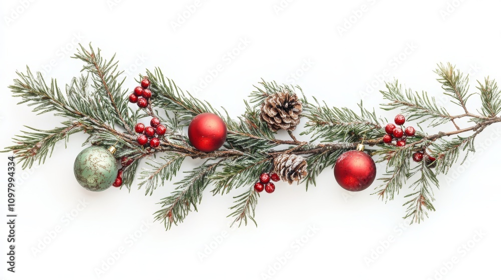 Fototapeta premium Christmas tree branches with red and green ornaments on a white background, close-up decorations, Christmas theme, Christmas decorations.
