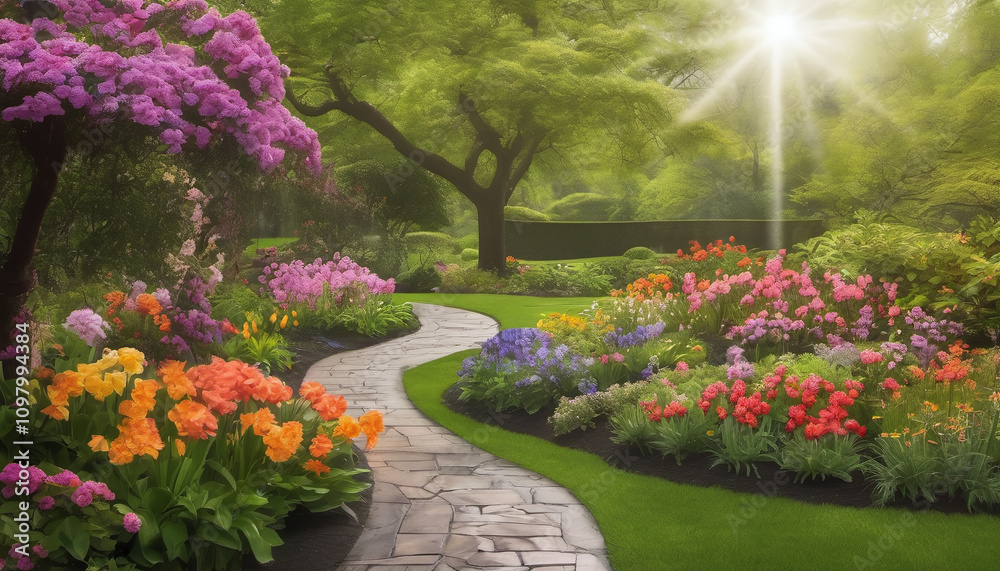 Obraz premium Rain Shower Over a Vibrant Garden