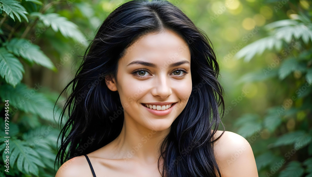 A beautiful young girl slight smiling in a garden A beautiful young girl slight smiling in a garden