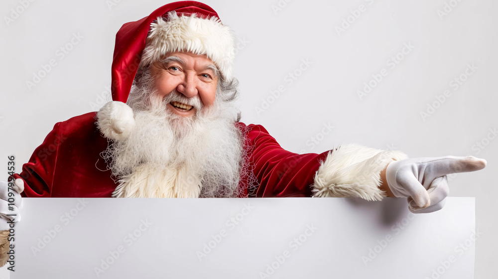 Santa Claus pointing to a white blank sign with a smile, isolated on a white background. Santa Claus pointing to a white blank sign with a smile, isolated on a white background.