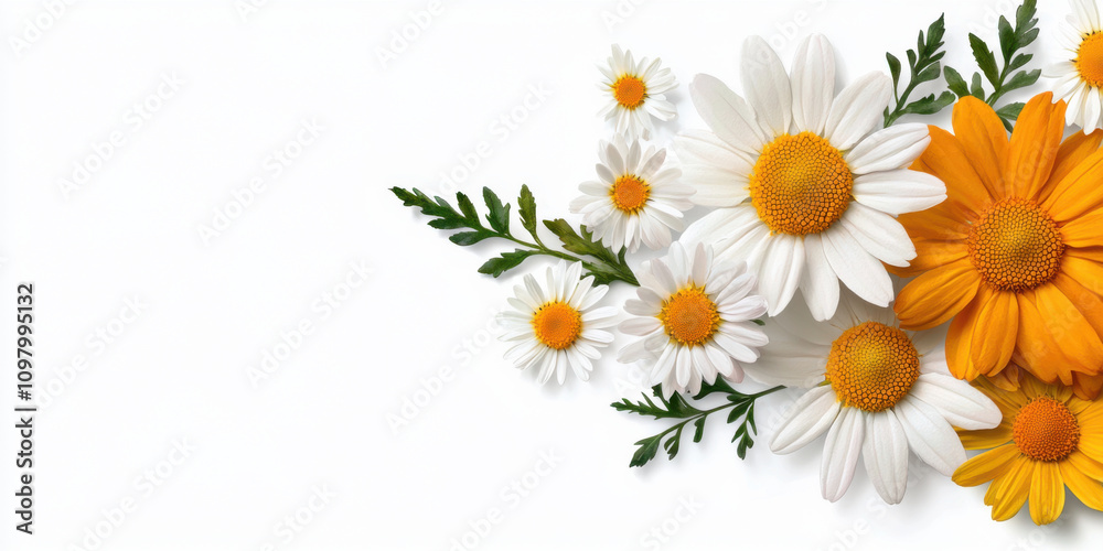 Obraz premium Bright daisies and vibrant flowers arranged beautifully on white background