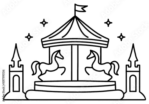 メルヘンチックなメリーゴーランドの線画イラスト　透過背景の切り抜き