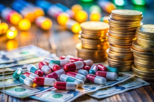 The Intersection of Health and Wealth: A Visual Representation of Pills and Money in a Thought-Provoking Composition photo