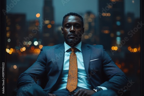 A dramatic and moody shot of an africa amerikan businessman sitting in a darkened office, with the city skyline visible through the window, conveying a sense of power and sophistication photo