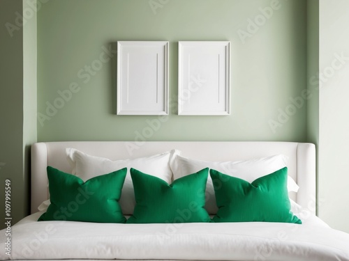 White bed with green pillows and blank frames on a green wall. photo