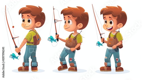 A cartoon boy is fishing.