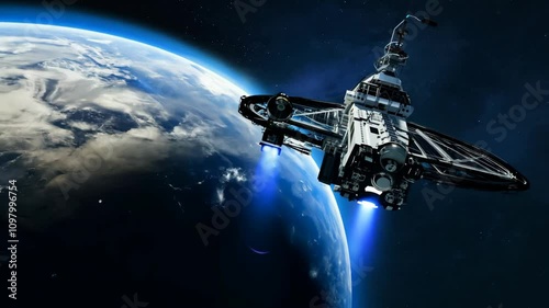 Exploration of deep space with a futuristic spacecraft orbiting Earth and showcasing advanced propulsion technology