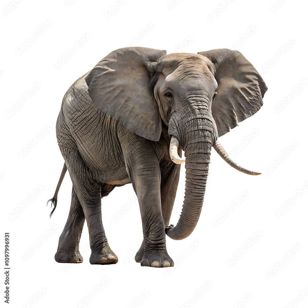 Fototapeta premium elephant with tusks on it is standing on a white background.