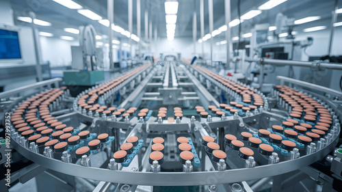 A modern pharmaceutical manufacturing facility featuring a circular conveyor belt with numerous small, round tablets. The environment is clean and sterile, with bright lighting and advanced machinery.