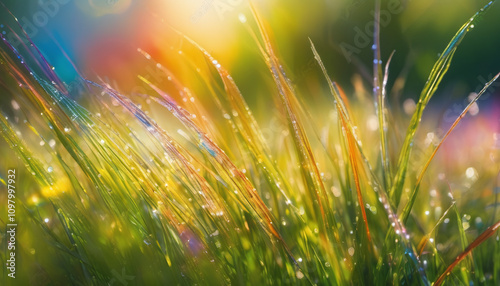 Dynamic Rainbow Trails Over Dewy Grass Textures