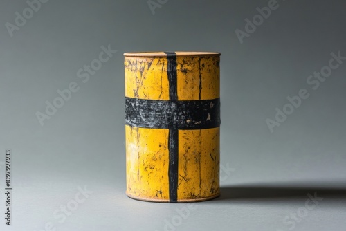 Vintage yellow canister black stripes neutral background, perfect industrial design retro themes. photo