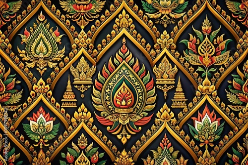 Traditional Thai Cultural Patterns in Black: Elegant Flat Style Design for Seamless Backgrounds, Perfect for Modern Decor and Textile Projects