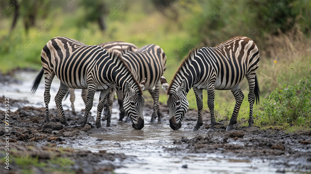 Fototapeta premium A group of zebras grazes peacefully in the golden grasslands of an African savanna during a warm sunny afternoon