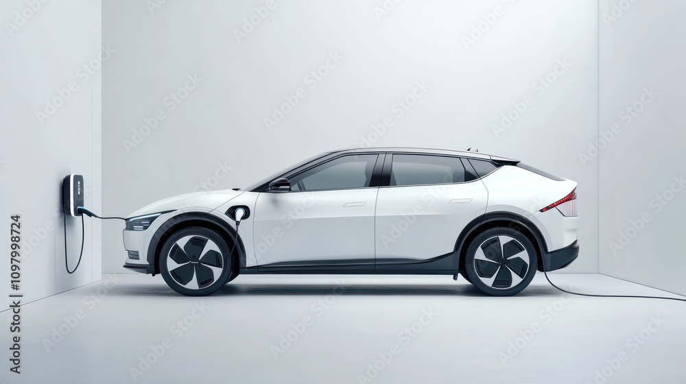 White electric car charging with copy space, Technology electric vehicle concept White electric car charging with copy space, Technology electric vehicle concept