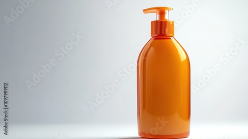 Orange dispenser bottle on light background, copy space