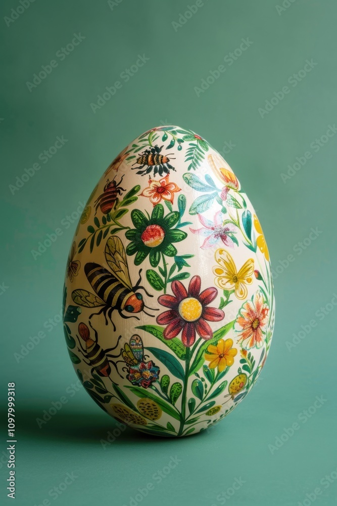 a photo of 1 big Easter egg with colorful handpainted bees and flowers on it, against a solid green background a photo of 1 big Easter egg with colorful handpainted bees and flowers on it, against a solid green background