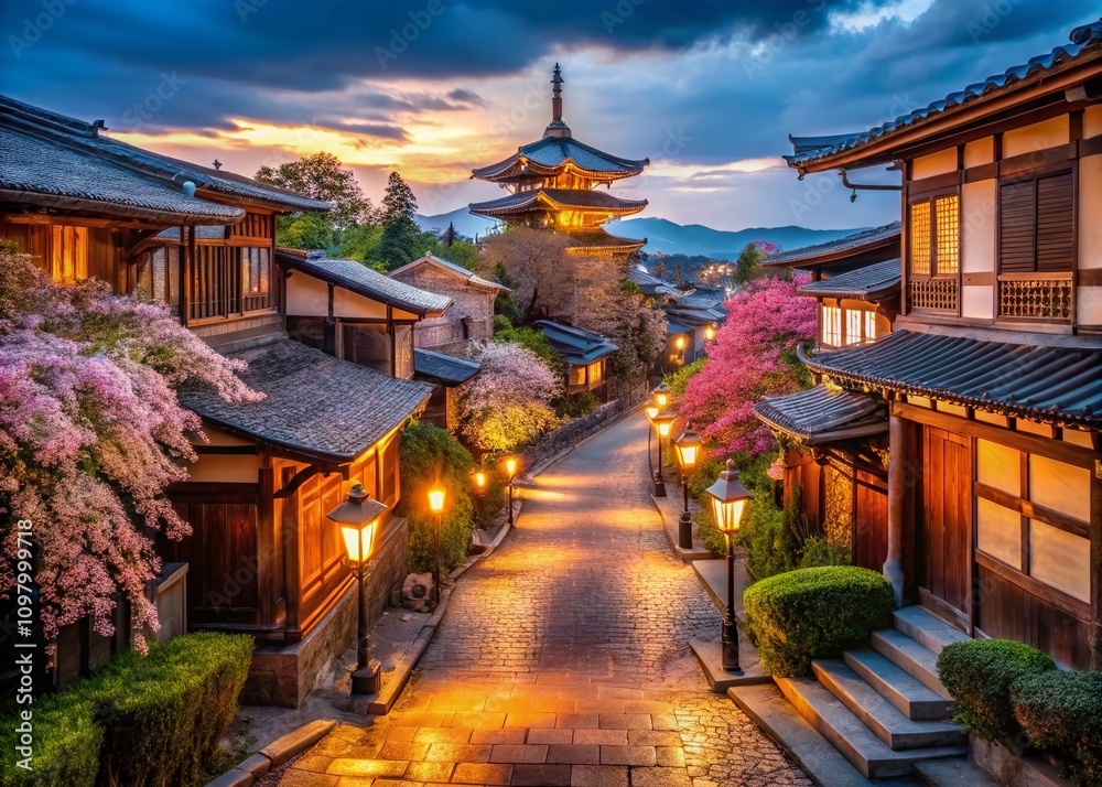 Fototapeta premium Tranquil Night in Kyoto: Captivating Low Light Photography of Historic Temples, Serene Gardens, and Charming Streets under the Ethereal Glow of Lanterns