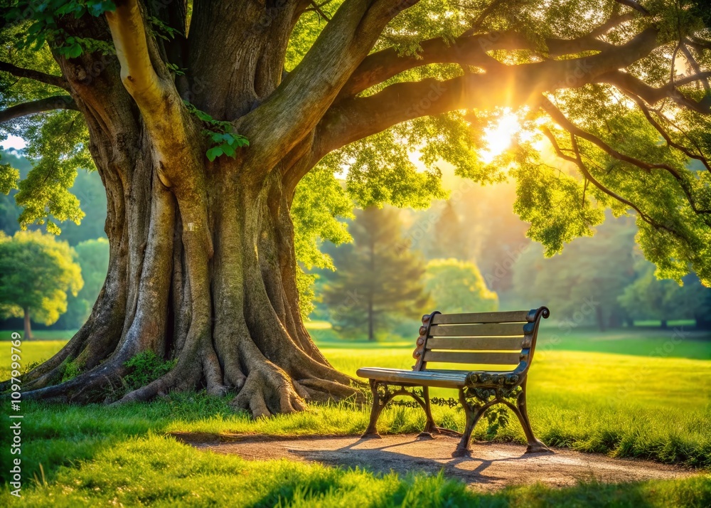 Tranquil Park Bench Beneath the Gnarled Trunk of an Ancient Tree in a Serene Outdoor Setting, Perfect for Nature Lovers and Peaceful Retreats