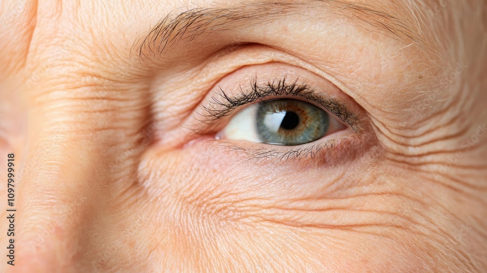 Fototapeta premium A close-up of an elderly woman's eye, highlighting fine lines, wrinkles, and a vibrant iris, showcasing the beauty of aging.