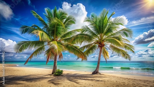 Tranquil Sandy Beach with Two Palm Trees and a Clear Blue Sky Ideal for Relaxation and Vacation Inspiration