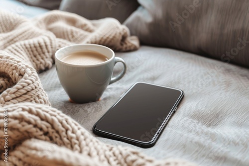 A cell phone is on a bed with a cup of coffee next to it