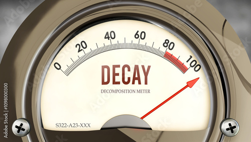 Decay and Decomposition Meter that is hitting a full scale, showing a very high level of decay, overload of it, too much of it. Maximum value, off the charts.  ,3d illustration photo