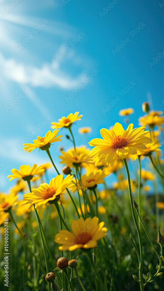 Fototapeta premium Cheerful yellow wildflowers in a field with a clear blue sky overhead, happiness, rural, sunlight