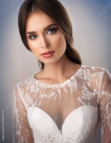 beautiful and elegant young Caucasian woman wearing white lace d photo