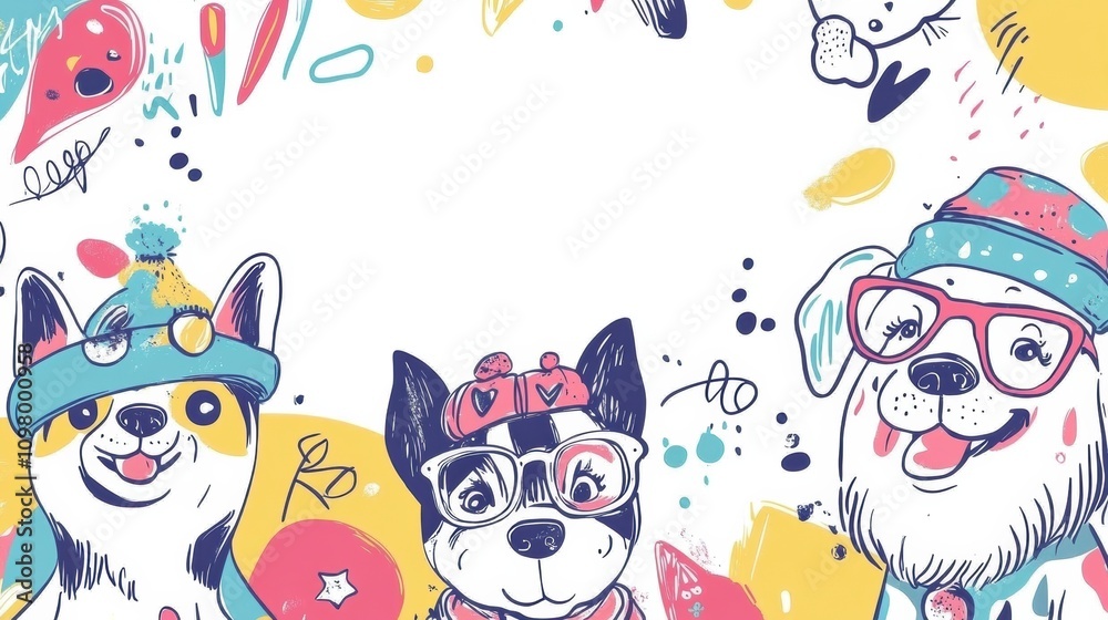 Fototapeta premium Three whimsical dogs are illustrated with playful accessories, showcasing their happy expressions surrounded by vibrant doodle patterns. Generative AI