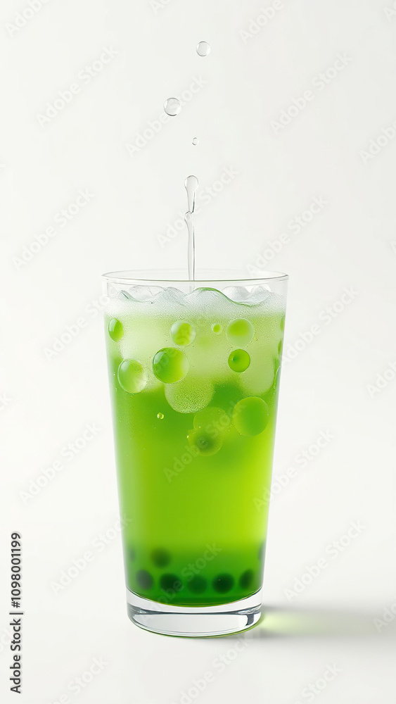Close-up of a glass of green bubble tea with bubbles popping, macro, bubbles Close-up of a glass of green bubble tea with bubbles popping, macro, bubbles