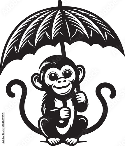 Cute Monkey with Umbrella and Leaf, Perfect for Print Design. A stylized black and white illustration of a cheerful monkey holding an umbrella and a leaf.