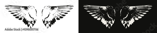 Trendy halftone photocopy stipple effect grunge collage angel or bird wings with grainy dotted texture, black on transparent background and negative on black backdrop. Modern retro vector illustration
