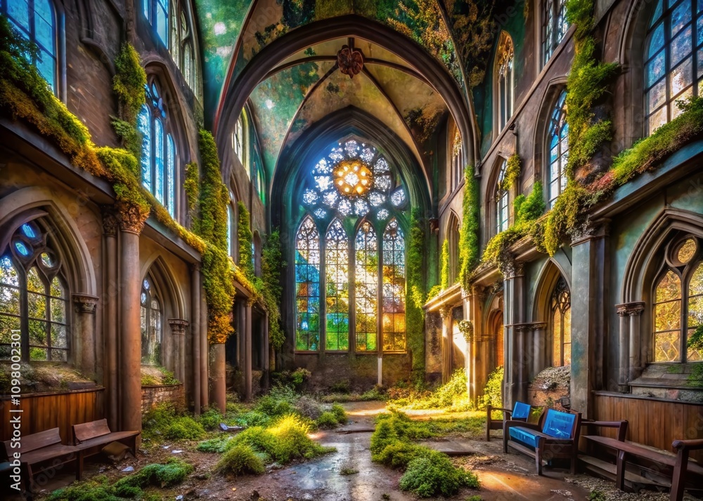 Obraz premium Urban Exploration of Abandoned Churches: Capturing the Spiritual Essence of Catholicism in Decay and Nature's Embrace