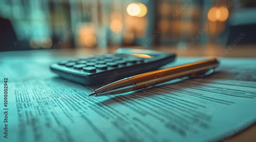 Fototapeta premium A calculator and pen on top of a financial newspaper