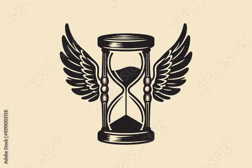 Hourglass with wings. Vintage vector engraving illustration, emblem, logo, print. Cut out, isolated