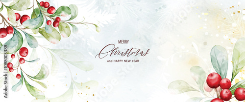 Christmas background decorated with berries on watercolor stains