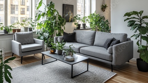 Serene urban oasis: Lush green plants adorn a modern living room with sleek gray furniture, creating a harmonious blend of nature and contemporary design. photo