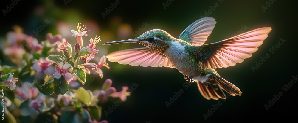 Fototapeta premium Hummingbird in Flight with Pink Wings and Flowers