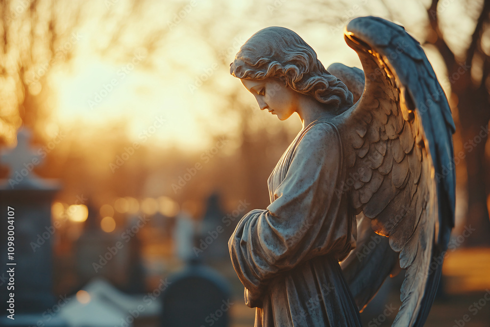 Marble statue of grieving angel, memorial monument slab on sunny cemetery background. Backdrop template of sadness, hope, religious architecture for death ceremony and funeral services copyspace Marble statue of grieving angel, memorial monument slab on sunny cemetery background. Backdrop template of sadness, hope, religious architecture for death ceremony and funeral services copyspace