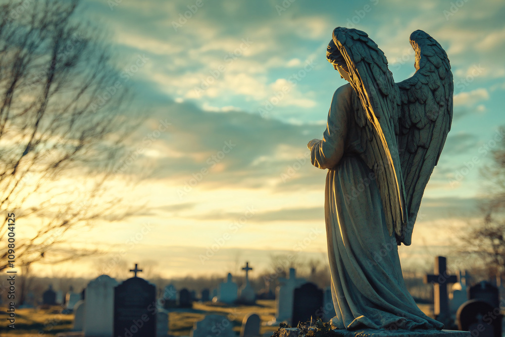 Fototapeta premium Marble statue of grieving angel, memorial monument slab on sunny cemetery background. Backdrop template of sadness, hope, religious architecture for death ceremony and funeral services copyspace