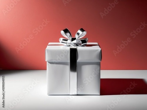 A wrapped gift box with shiny bow on a bold red background with ample copy space to the side. photo