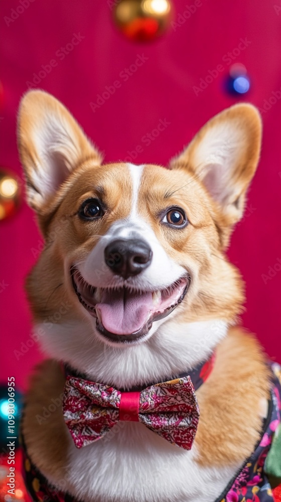 Festive corgi dog wearing a red bowtie smiles joyfully against a vibrant pink background with blurred Christmas ornaments, capturing holiday cheer. Festive corgi dog wearing a red bowtie smiles joyfully against a vibrant pink background with blurred Christmas ornaments, capturing holiday cheer.