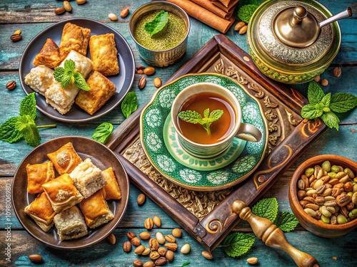 Experience Greek hospitality with mint tea, nougat, and pastries served on a tray. photo