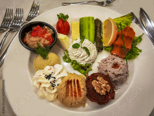 Obraz na płótnie Hors d'oeuvre plate, Antep paste, Hummus, Haydari, Eggplant burial, Lemon, Cucumber, Tomato, Ezine cheese, Izmir tulum cheese. w salonie