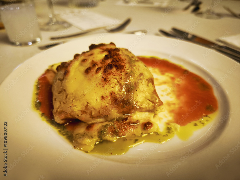Baked vegetable and béchamel crepe bundle (with tomato sauce)