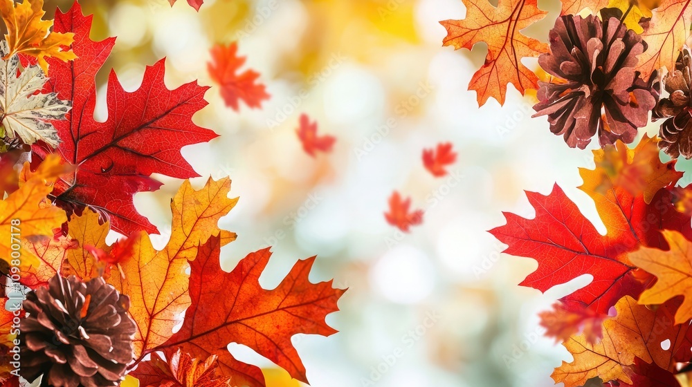 Fototapeta premium A vibrant autumn scene featuring colorful leaves and pine cones against a soft, blurred background.