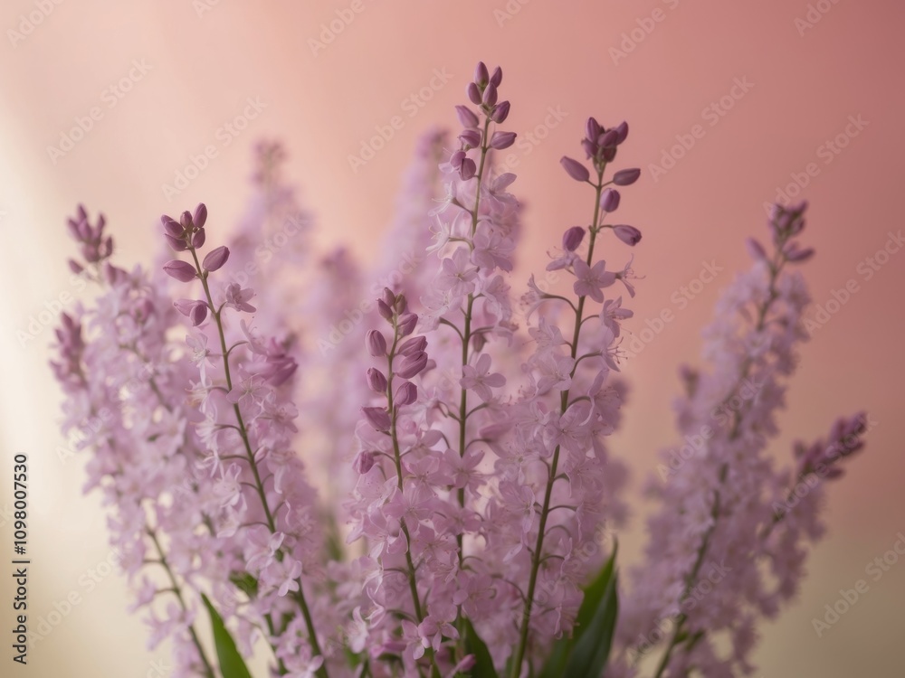 Obraz premium a bunch of purple flowers with a pink background.